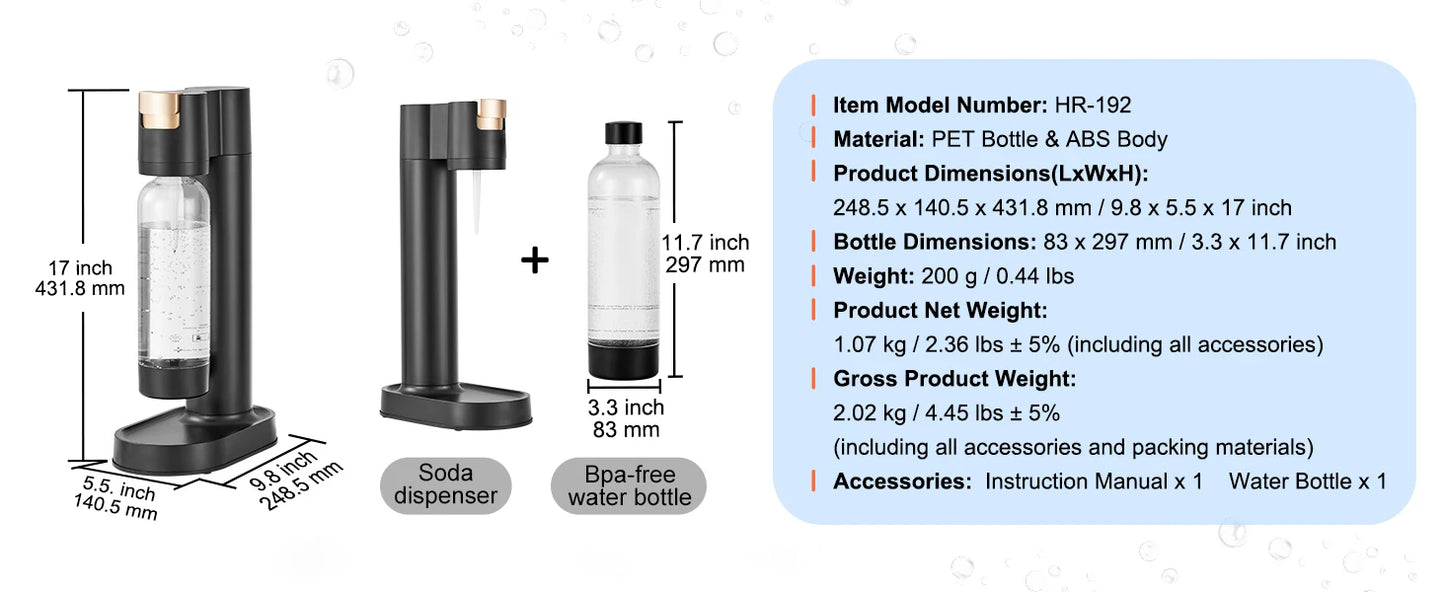 SucceBuy Sparkling Water Maker, Soda Maker Machine for Home Carbonating, Seltzer Water Starter Kit with BPA free 1L PET Bottle