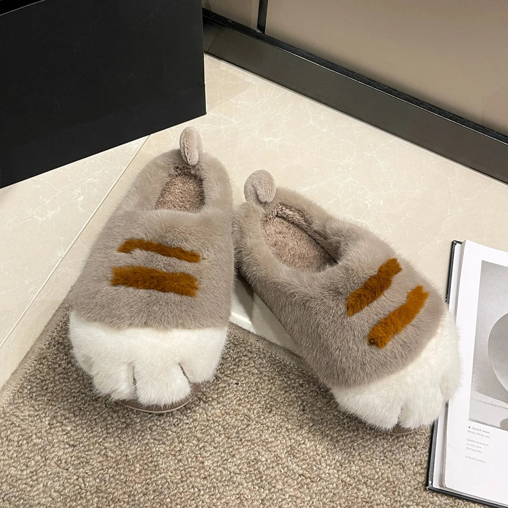 3D Cat Paw Slippers Women's Home Shoes Non Slip Furry Mules Female Fashion Warm Fluffy Slides Outdoor Cat Slippers for Autumn Wi
