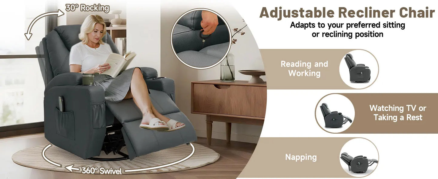 Recliner Chair with Massage and Heat, 360° Swivel Rocking Chairs for Adults, Remote Control and Cup Holder for Living Room