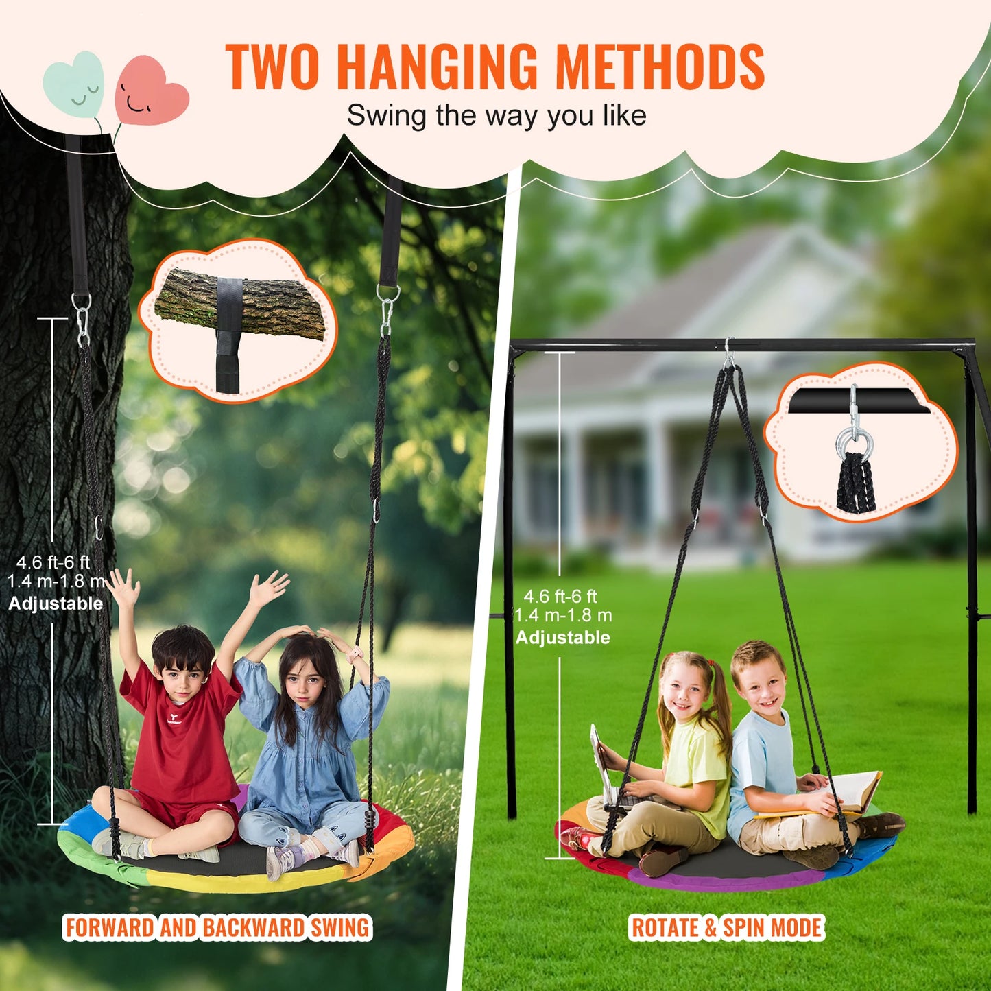 SucceBuy Tree Swing Saucer Swing 750lbs Swing Seat 2 Tree Hanging Straps Adjustable Multi-Strand Ropes Round Swing Kids Outdoor