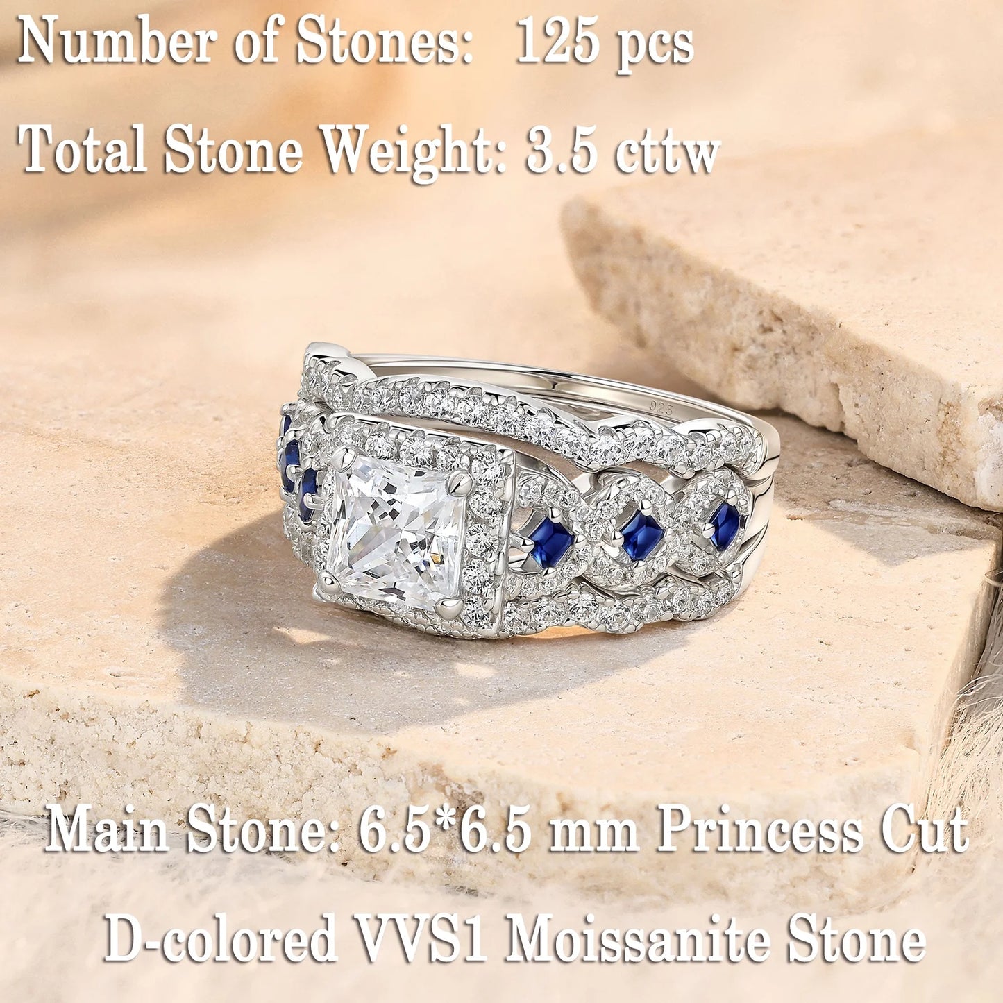 Newshe 3 Pcs Solid 925 Sterling Silver Certified Moissanite Wedding Rings Set for Women 6.5mm Princess Cut Luxury Jewelry