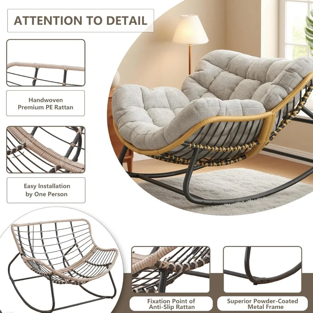 Outdoor/Indoor Rocking Chair,Papasan Chair,Outdoor Patio Porch Furniture,Rattan Wicker Lounge Chair Indoor,Rocker Egg Chair for