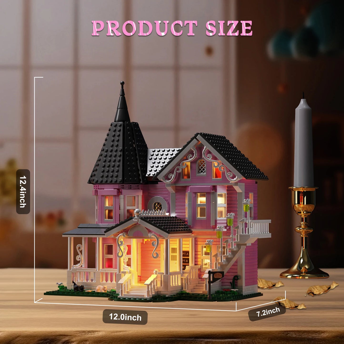 Pink Palace House Building Blocks Set with Lights,Horror Haunted House Bricks Toys Christmas Halloween Gifts for Kids(1349PCS)