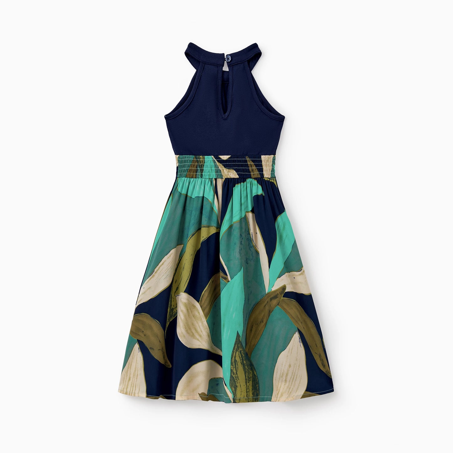 PatPat Elegant Navy Blue Green Leaf Print Girls' Dress