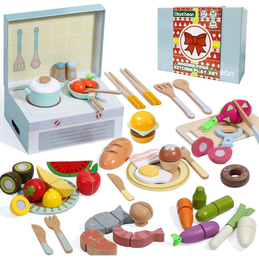 Wooden Play Food Set, Play Kitchen Accessories, 78PCS Pretend PlayCooking Toy, Vegetables Fruits Cutting Toys, Play Dishes