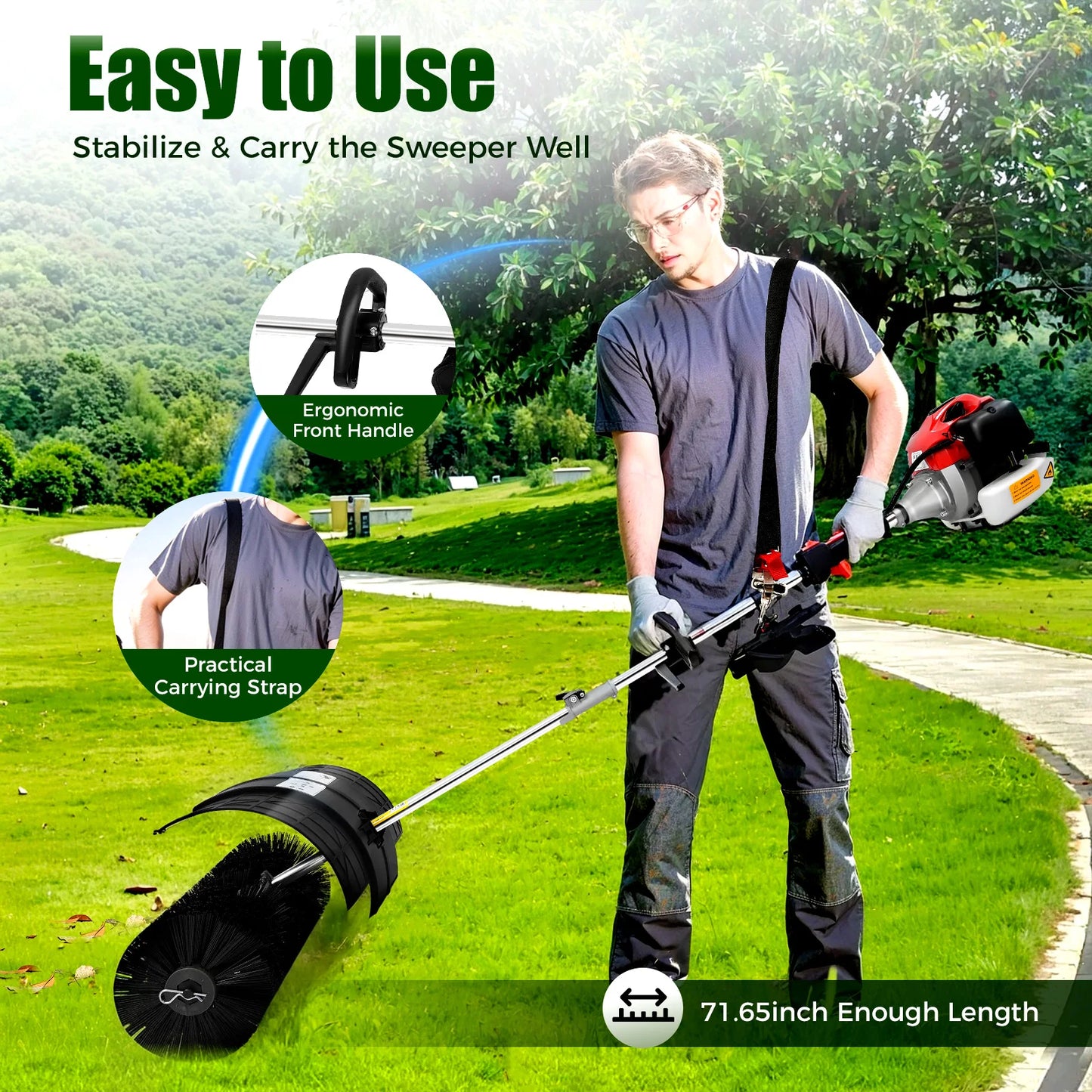 52CC 2.3HP Handheld Sweeper Manual Gas Power Sweeping Broom Artificial Grass Brush Gasoline Powered Broom Garden Lawn Sweeper