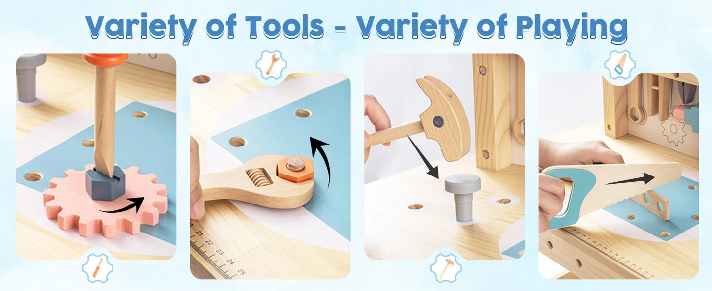 Robotime Kids Tool Bench Set  Large Wooden Work Bench Construction Toys 41 Pieces Kid Toys Tool Set  for Boys Girls Age 3+