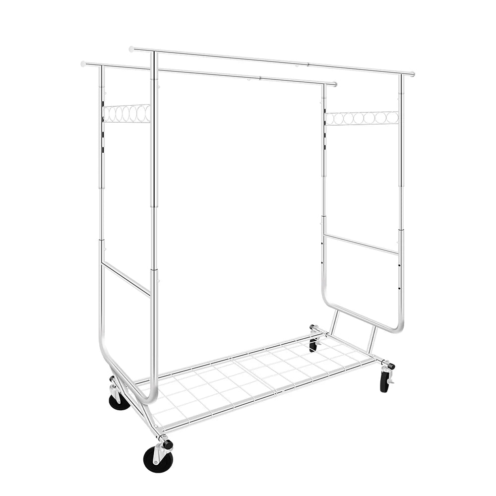 Commercial Grade Heavy Duty Double-rail Garment Rack with Shelves Wheels Chrome Finish Heavy Duty Double-rail Coat Rack 600 lbs