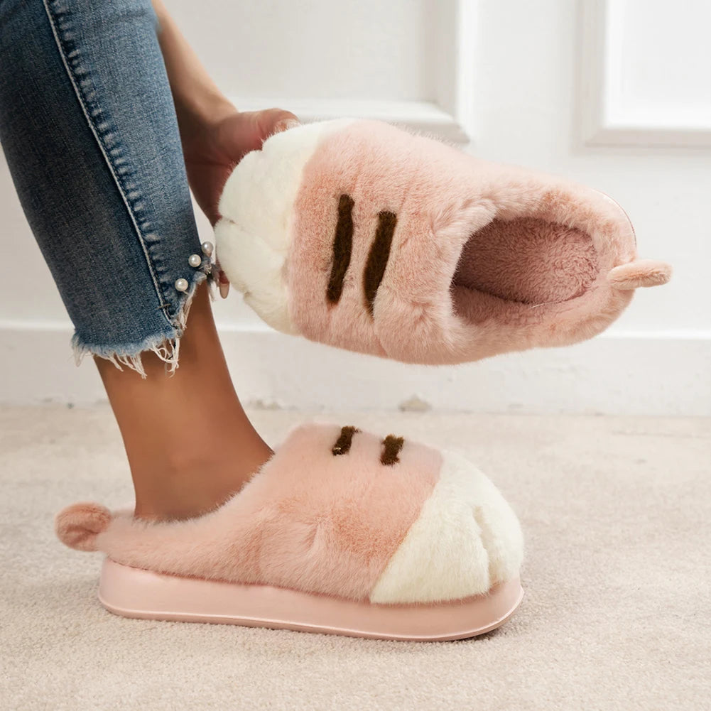 3D Cat Paw Slippers Women's Home Shoes Non Slip Furry Mules Female Fashion Warm Fluffy Slides Outdoor Cat Slippers for Autumn Wi