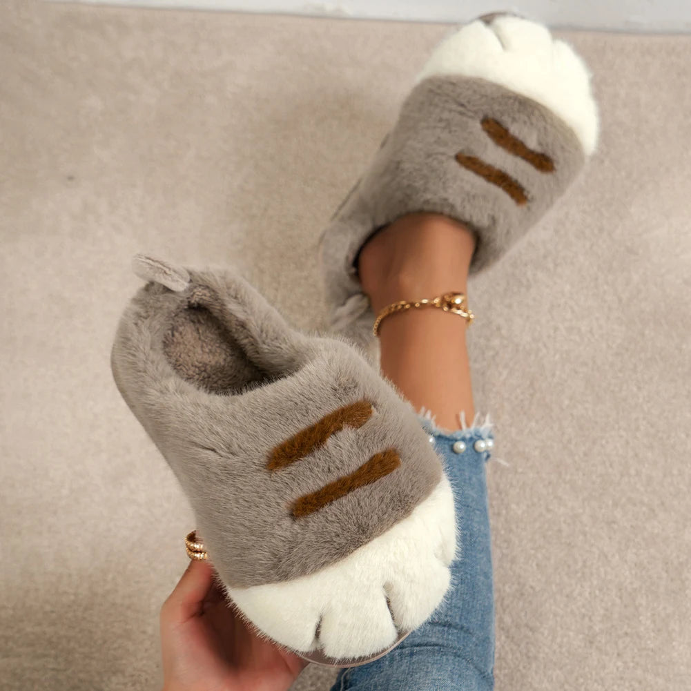3D Cat Paw Slippers Women's Home Shoes Non Slip Furry Mules Female Fashion Warm Fluffy Slides Outdoor Cat Slippers for Autumn Wi