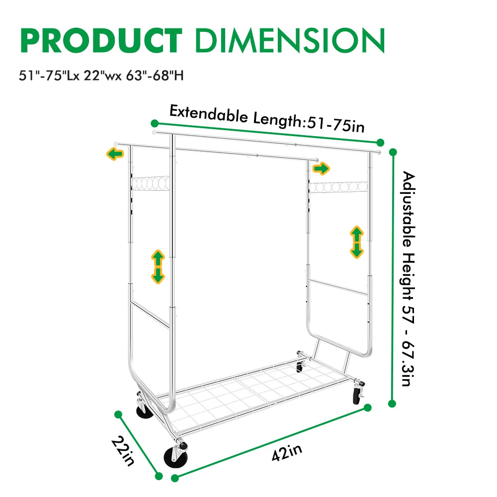 Commercial Grade Heavy Duty Double-rail Garment Rack with Shelves Wheels Chrome Finish Heavy Duty Double-rail Coat Rack 600 lbs