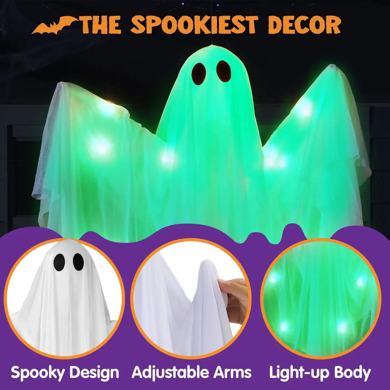 Joyfy 47 Inch Hanging Ghosts Halloween Decorations White Ghosts with Spooky Green LED Light for Halloween Outdoor Decoration