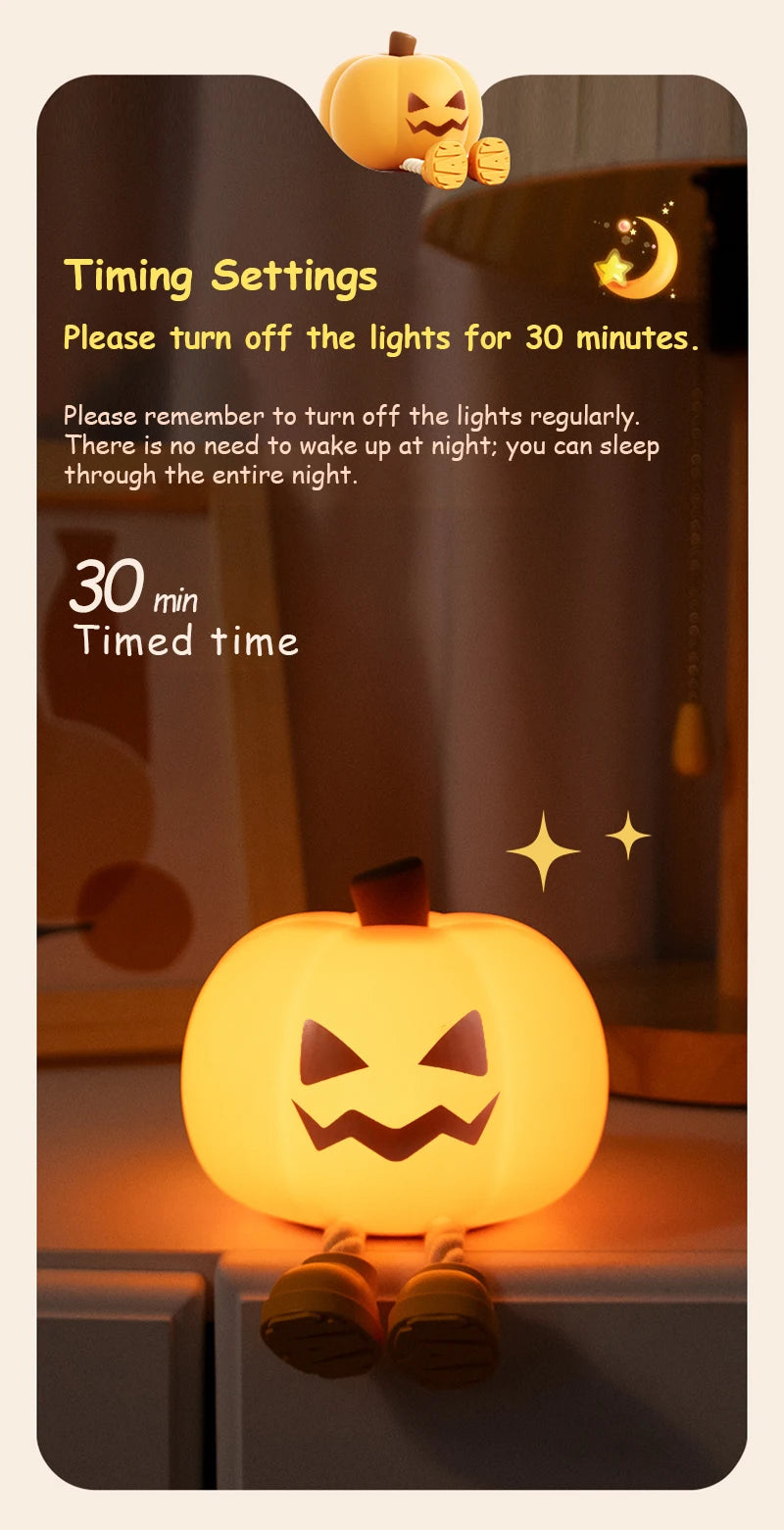 Pumpkin Night Light Cute Soft Silicone Safe Lamp Decorations Timing Dimmable Bedside Decor Kids Babies Halloween Gifts
