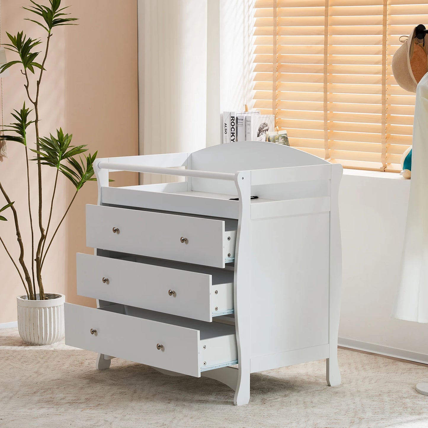 White three-drawer baby crib with safety rail, wooden baby crib with storage combination