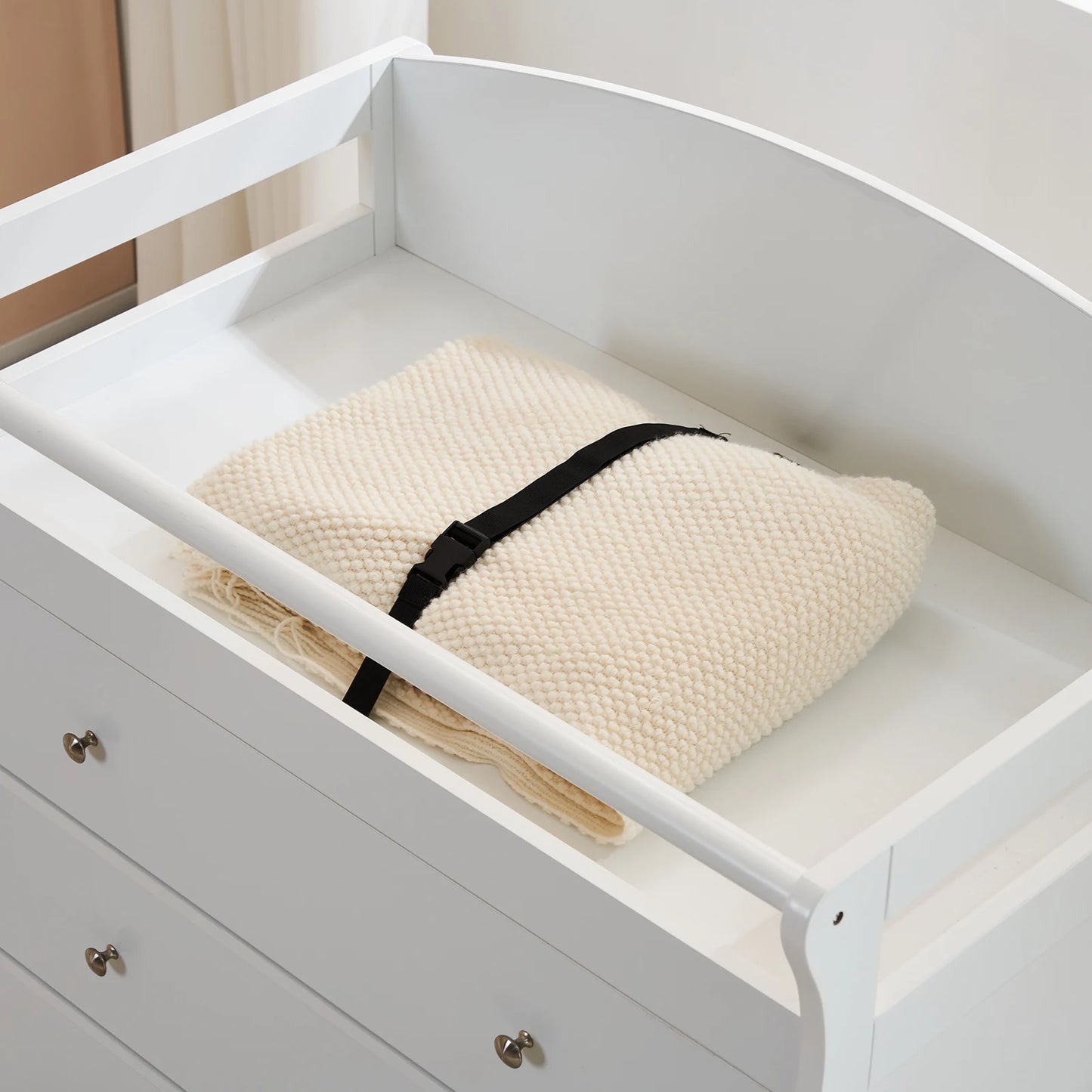 White three-drawer baby crib with safety rail, wooden baby crib with storage combination