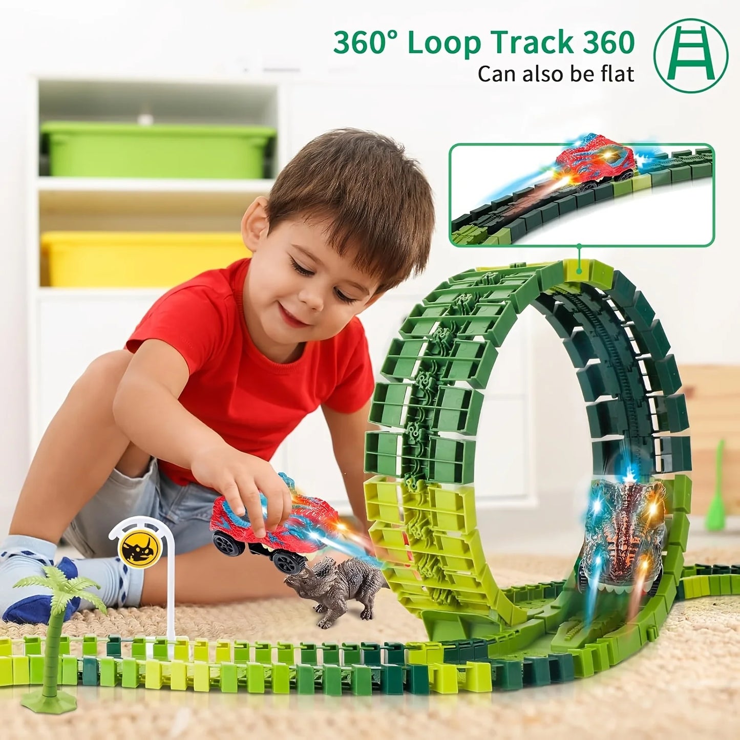 Special Offer: Children's Dinosaur World Track Cars, Toy Track Cars For Boys And Girls, Indoor Race Assembly Track Car Games, Pe