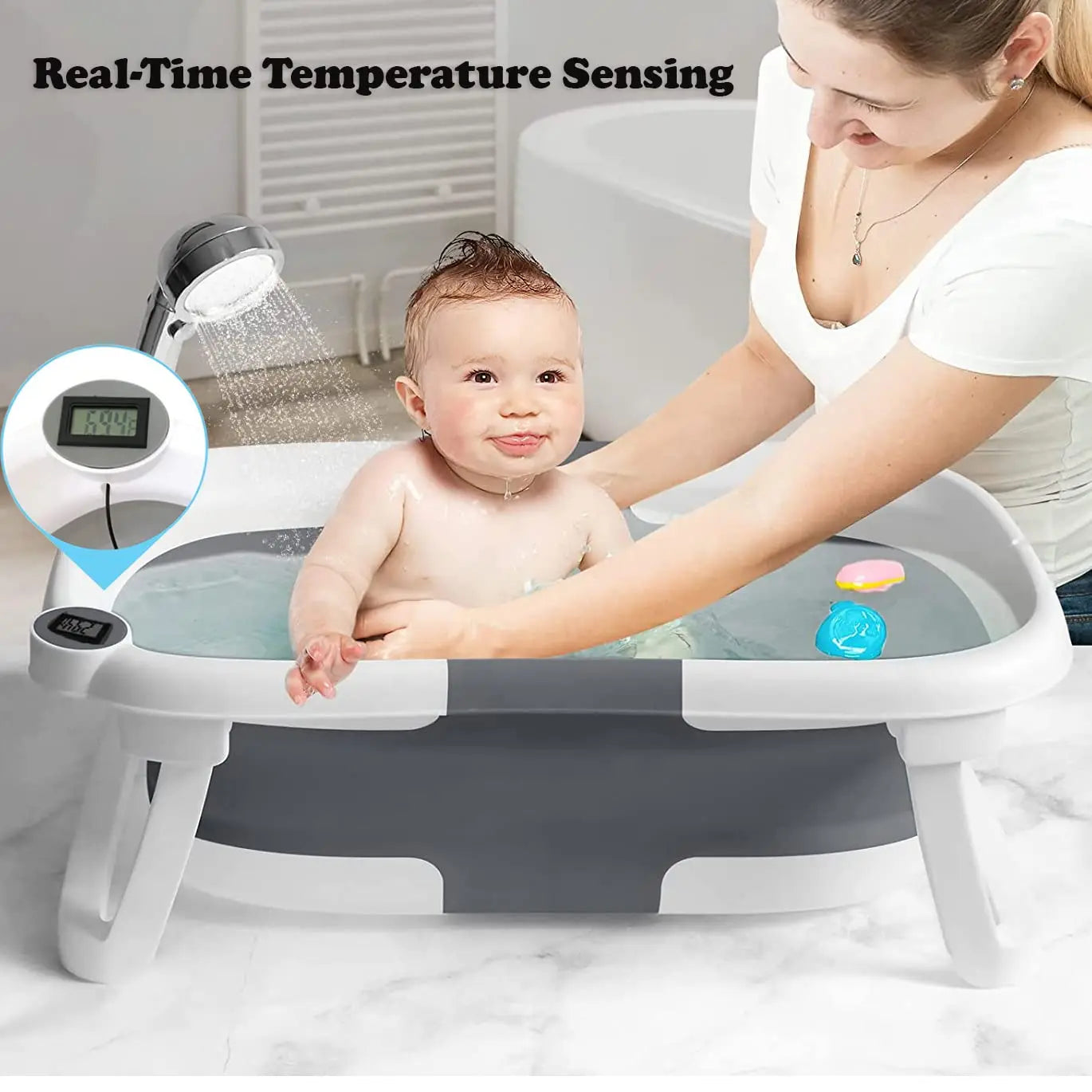 Baby Bath Tub with Bath Cushion Foldable Bathtub with Thermometer Shower Cap Shower Brush for Newborn and Toddler 0-36 Months
