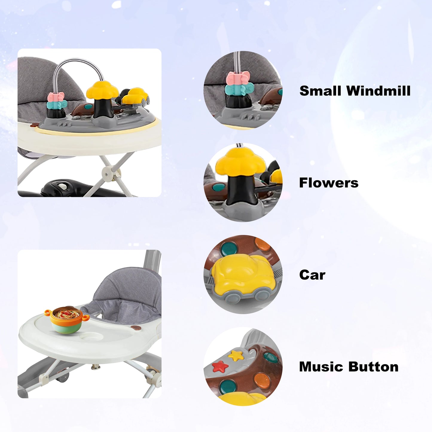 Baby Multi-Functional Comfortable Walker With Awning Anti-Rollover Baby Walker Can Sit Adjust And Shake The Walker For Boy Girls