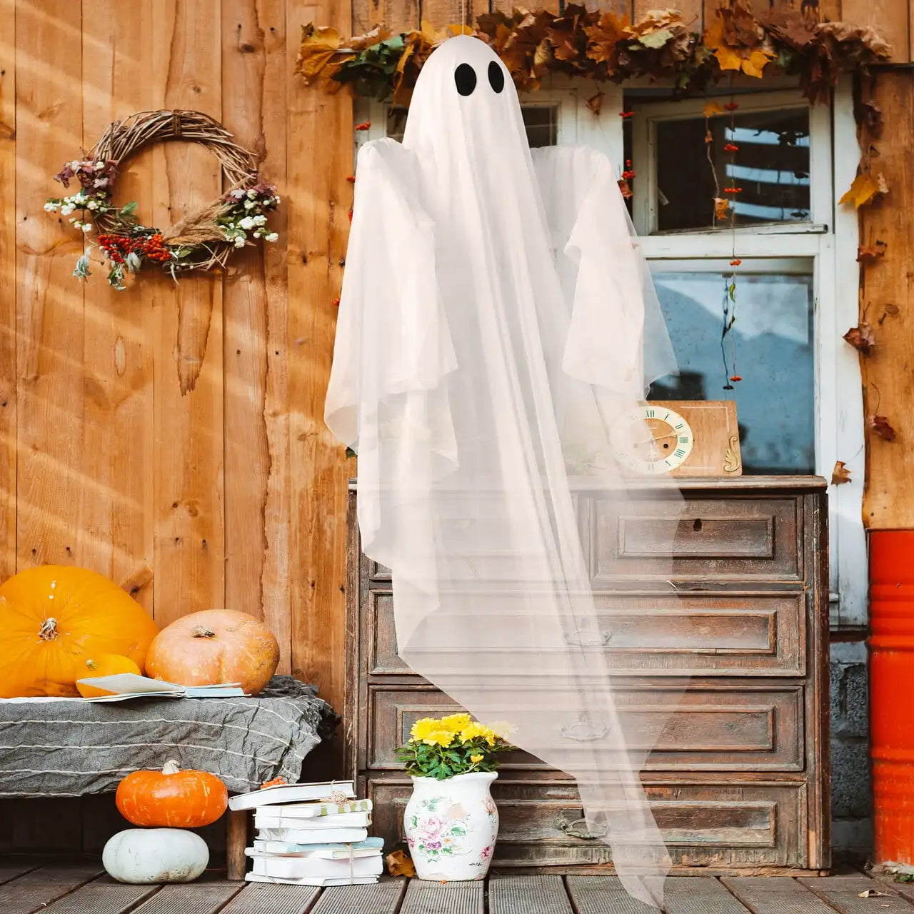 Joyfy 47 Inch Hanging Ghosts Halloween Decorations White Ghosts with Spooky Green LED Light for Halloween Outdoor Decoration