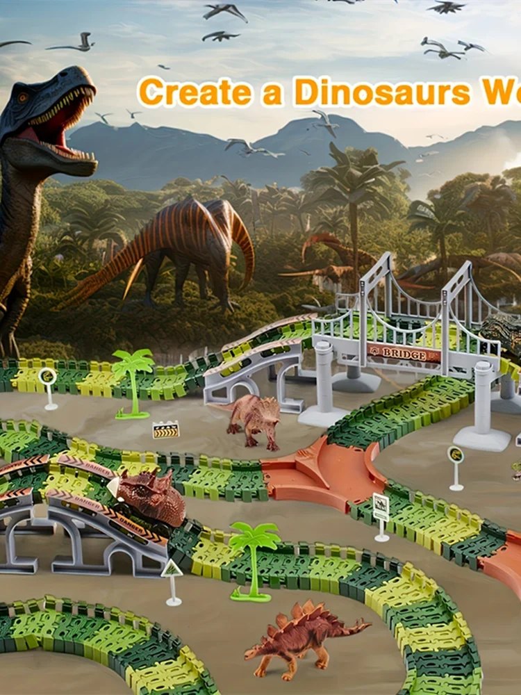 Special Offer: Children's Dinosaur World Track Cars, Toy Track Cars For Boys And Girls, Indoor Race Assembly Track Car Games, Pe