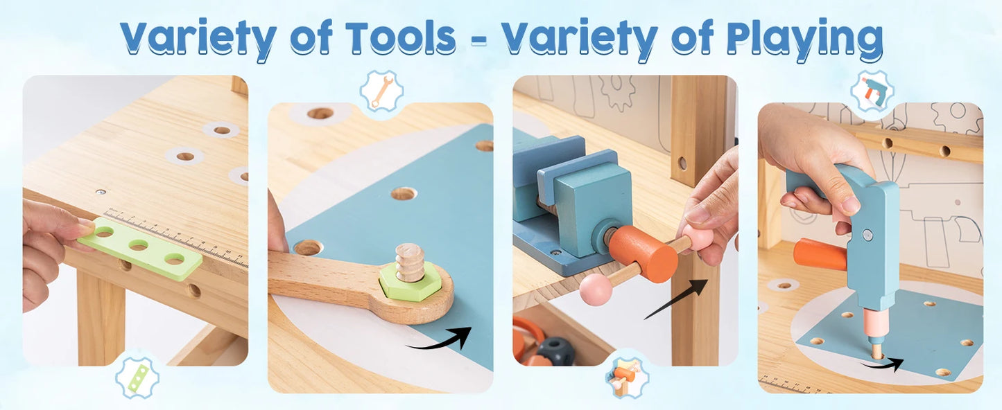 Robotime Kids Tool Bench Set  Large Wooden Work Bench Construction Toys 41 Pieces Kid Toys Tool Set  for Boys Girls Age 3+