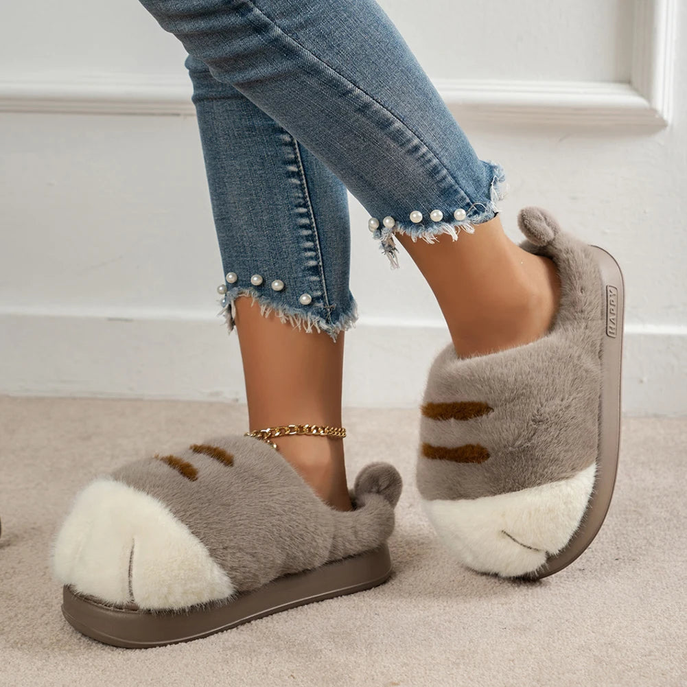 3D Cat Paw Slippers Women's Home Shoes Non Slip Furry Mules Female Fashion Warm Fluffy Slides Outdoor Cat Slippers for Autumn Wi