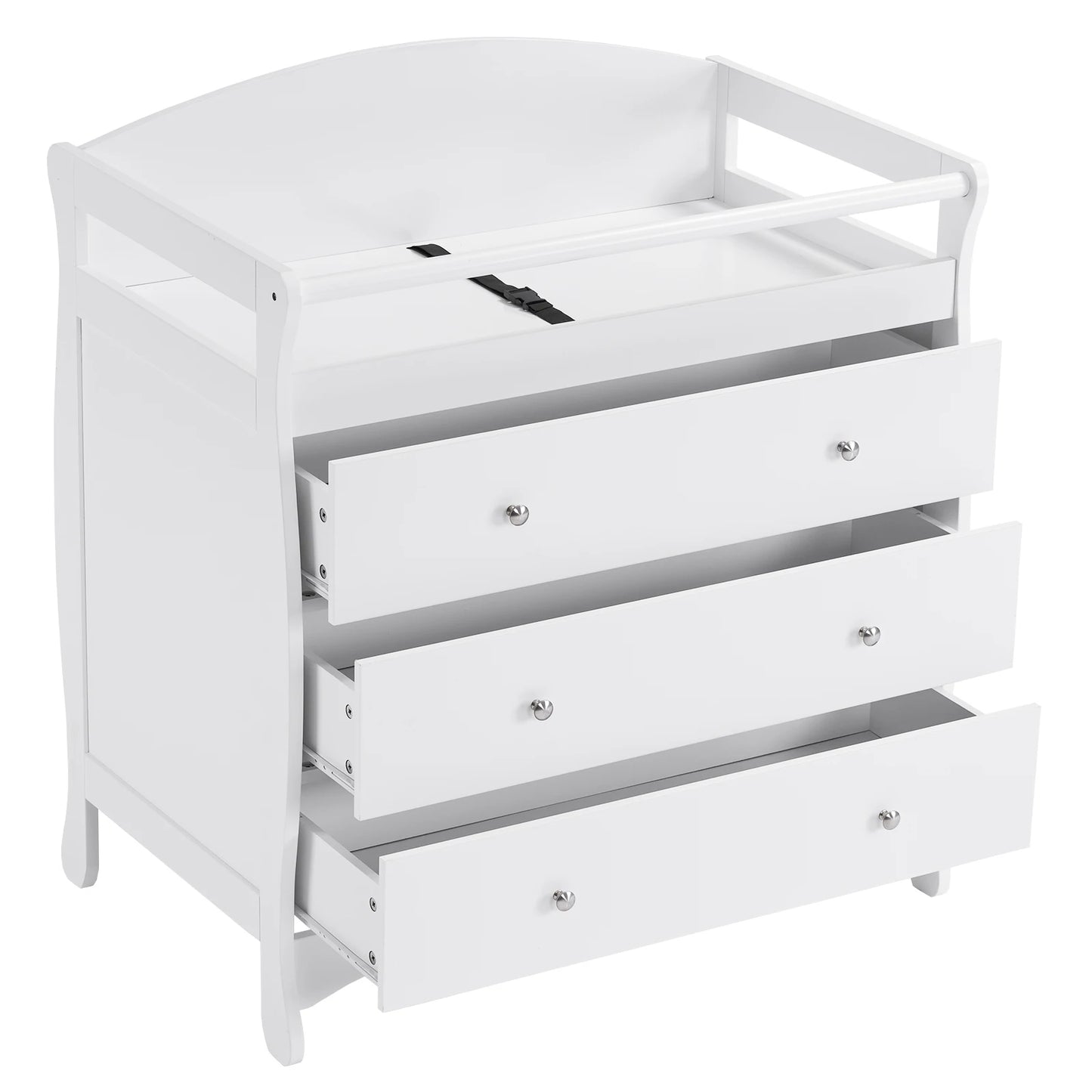 White three-drawer baby crib with safety rail, wooden baby crib with storage combination