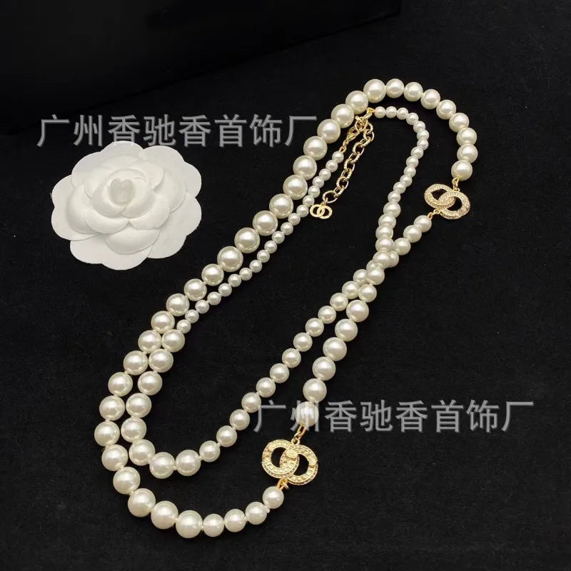 New Pearl Diamond Sweater Chain Temperament Versatile High Sense Double C Long Necklace Women