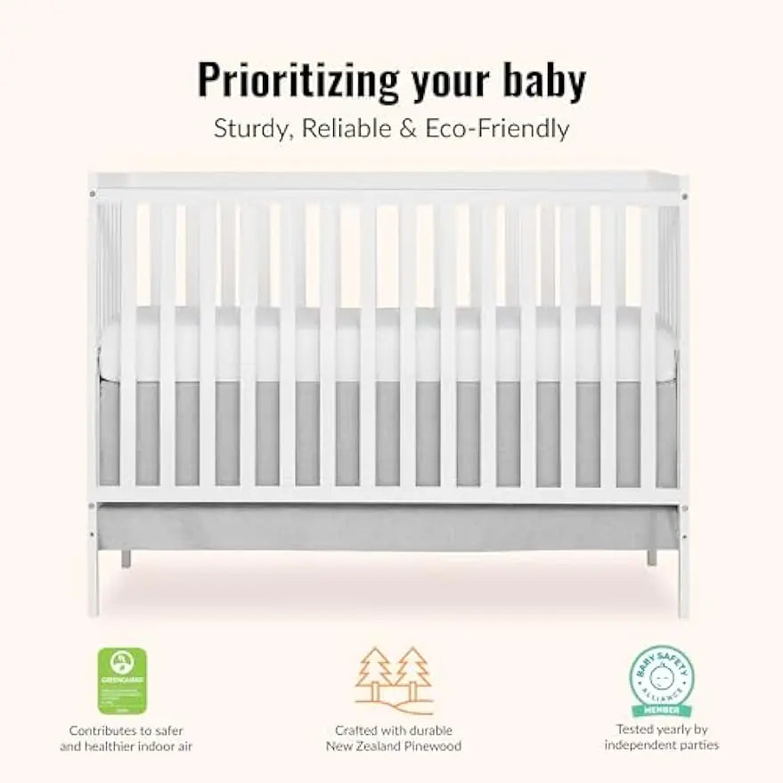 5-in-1 Convertible Full-Size Baby Crib with Toddler, Day & Full Bed Conversion in White, Sustainable Pinewood