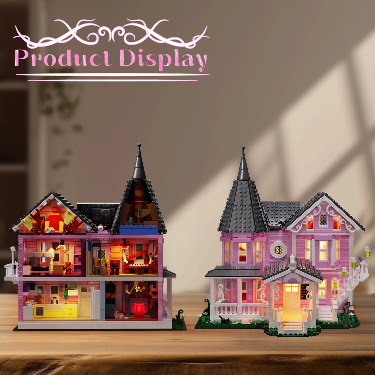 Pink Palace House Building Blocks Set with Lights,Horror Haunted House Bricks Toys Christmas Halloween Gifts for Kids(1349PCS)