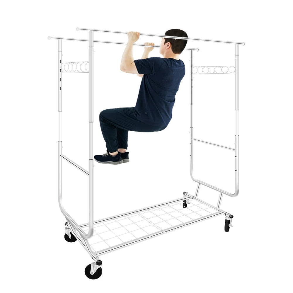 Commercial Grade Heavy Duty Double-rail Garment Rack with Shelves Wheels Chrome Finish Heavy Duty Double-rail Coat Rack 600 lbs