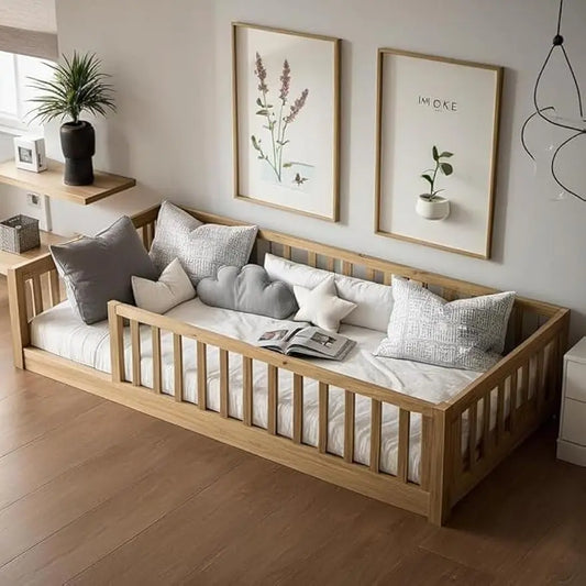 Twin Size Montessori Floor Bed for Kids with Safety Guardrails, Wood Slats, No Box Spring Needed