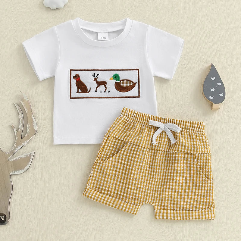 Boys Summer Outfit Set with Short Sleeve Animal Embroidery Top and Plaid Shorts O Neck Design for Comfort