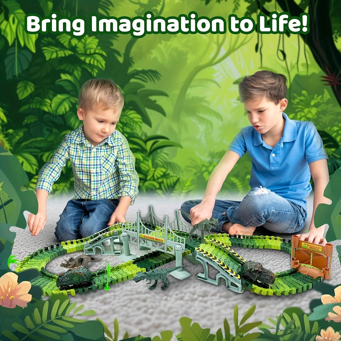 Special Offer: Children's Dinosaur World Track Cars, Toy Track Cars For Boys And Girls, Indoor Race Assembly Track Car Games, Pe