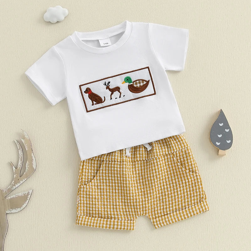 Boys Summer Outfit Set with Short Sleeve Animal Embroidery Top and Plaid Shorts O Neck Design for Comfort