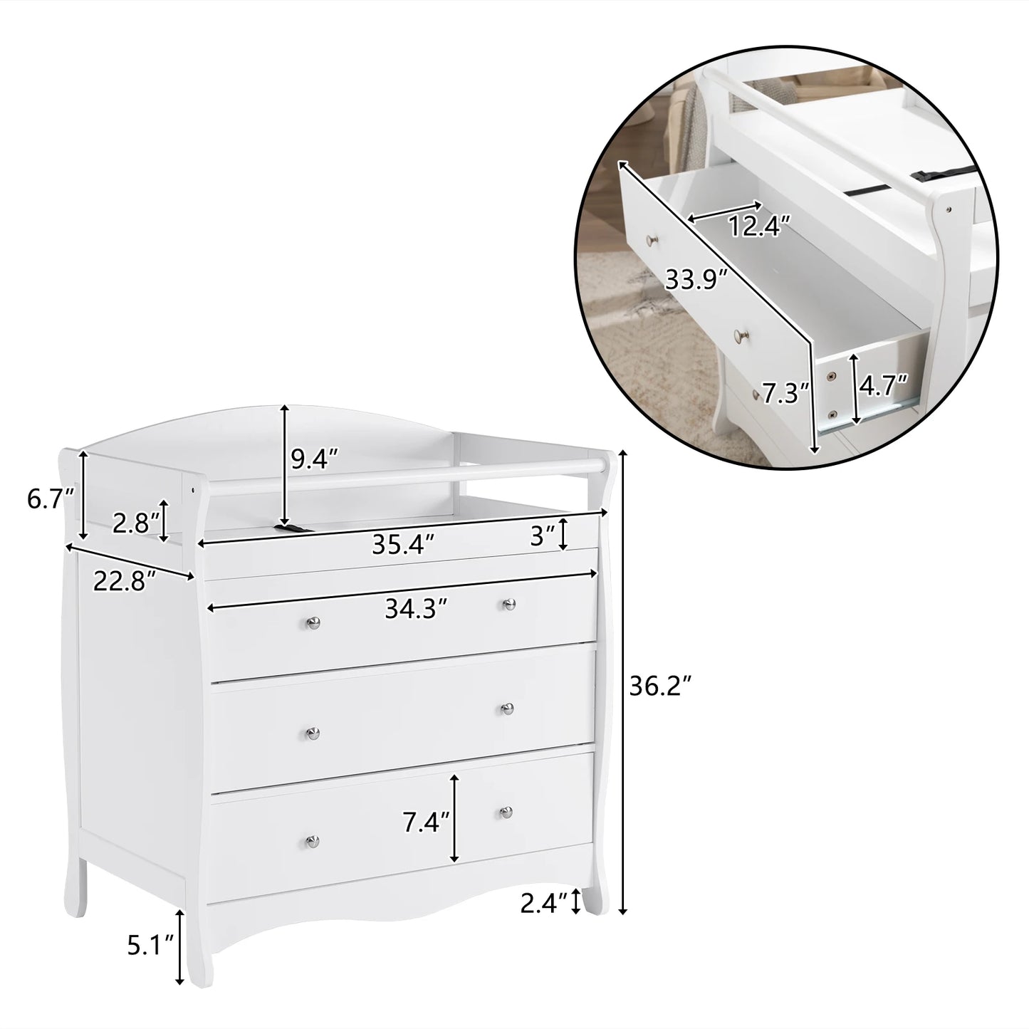 White three-drawer baby crib with safety rail, wooden baby crib with storage combination