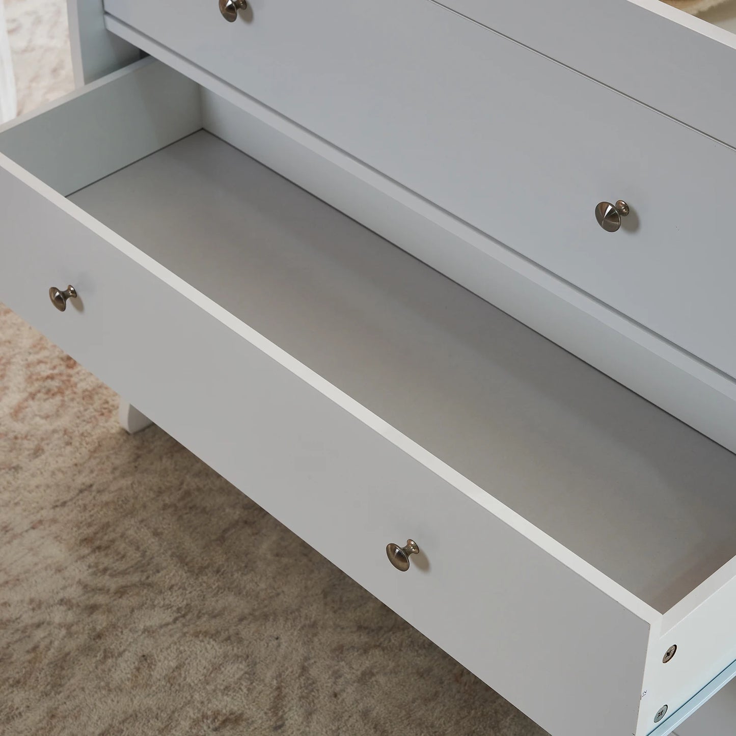 White three-drawer baby crib with safety rail, wooden baby crib with storage combination