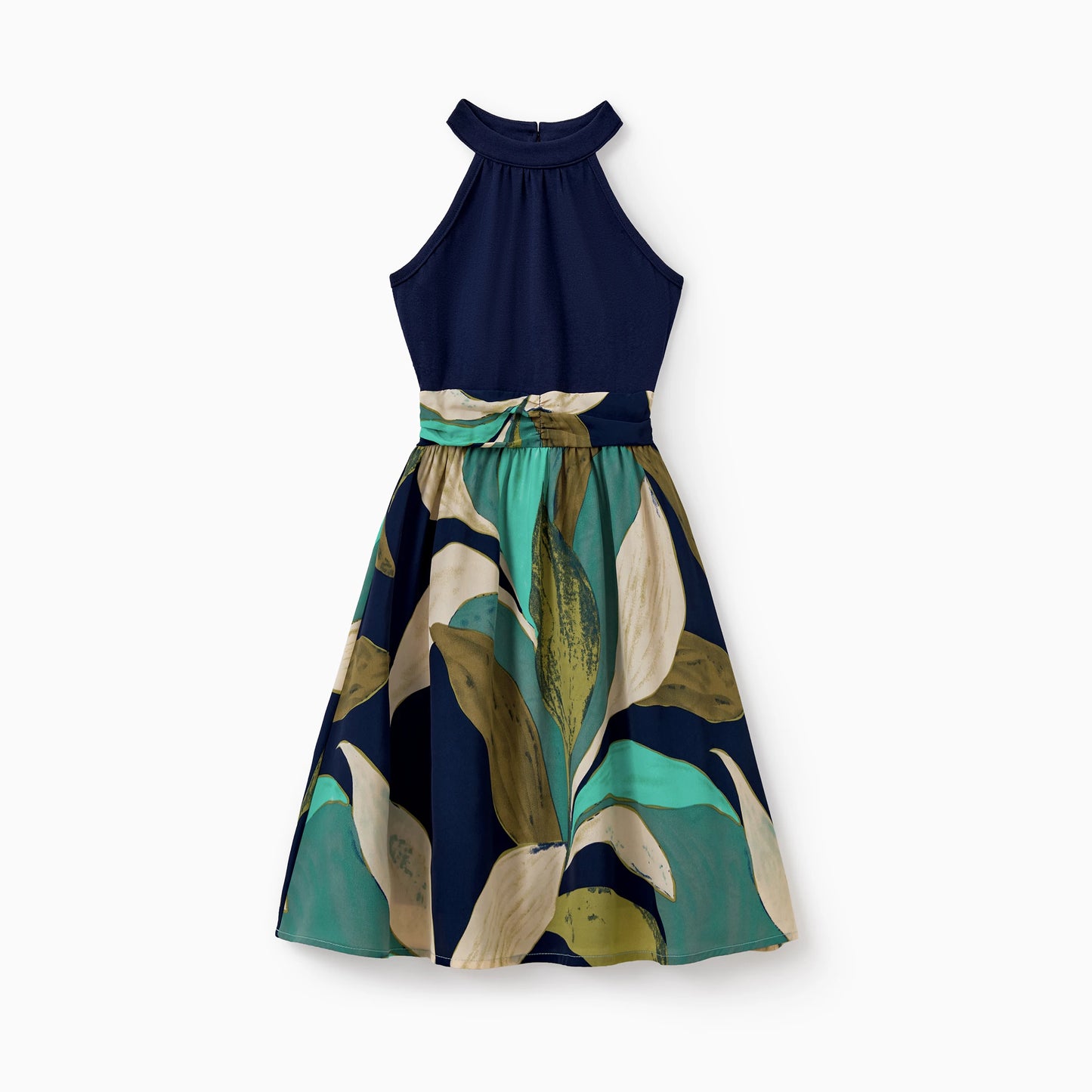 PatPat Elegant Navy Blue Green Leaf Print Girls' Dress