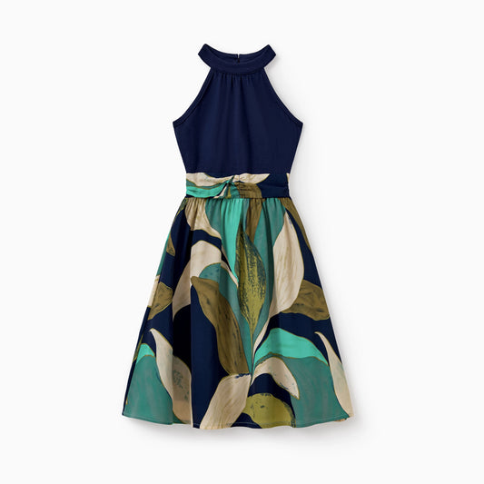 PatPat Elegant Navy Blue Green Leaf Print Girls' Dress