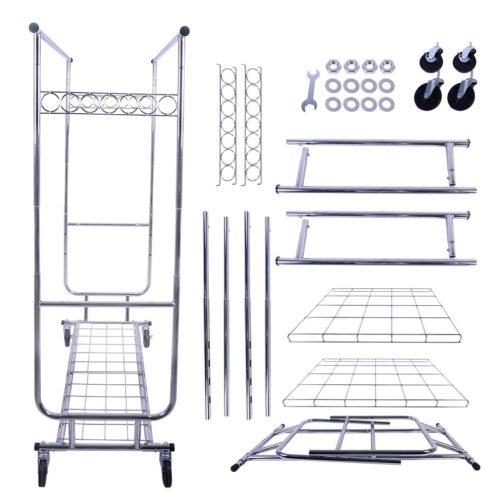 Commercial Grade Heavy Duty Double-rail Garment Rack with Shelves Wheels Chrome Finish Heavy Duty Double-rail Coat Rack 600 lbs