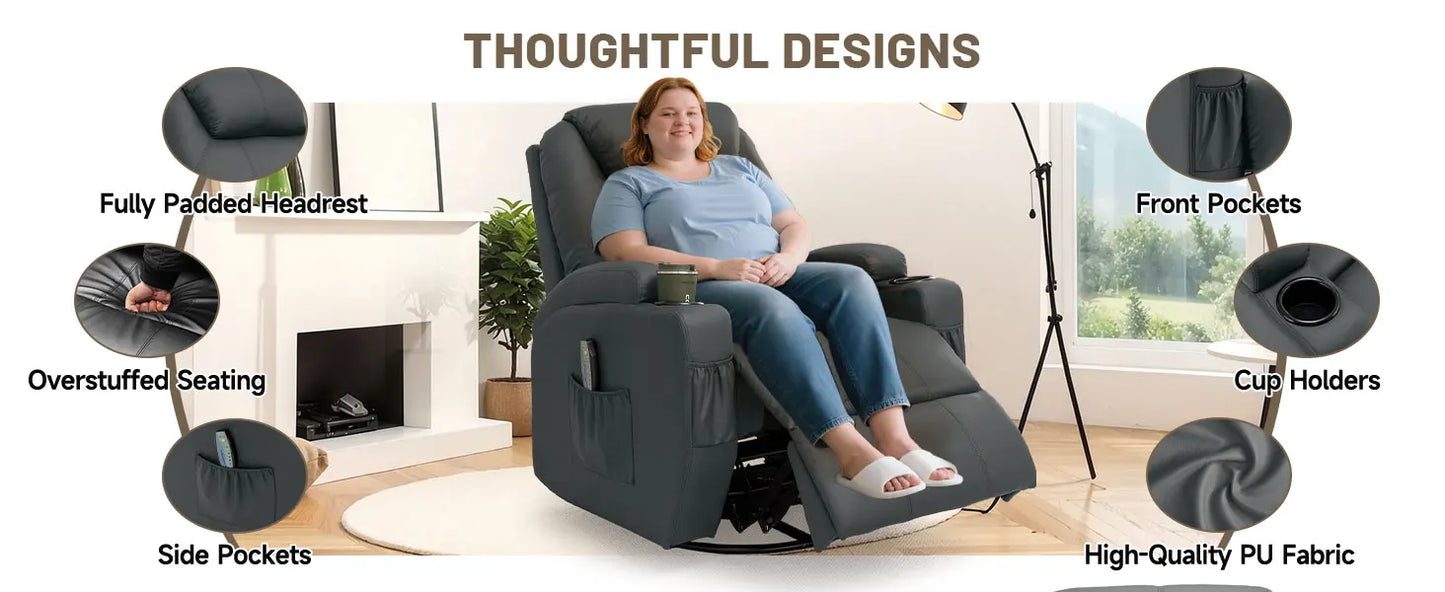 Recliner Chair with Massage and Heat, 360° Swivel Rocking Chairs for Adults, Remote Control and Cup Holder for Living Room
