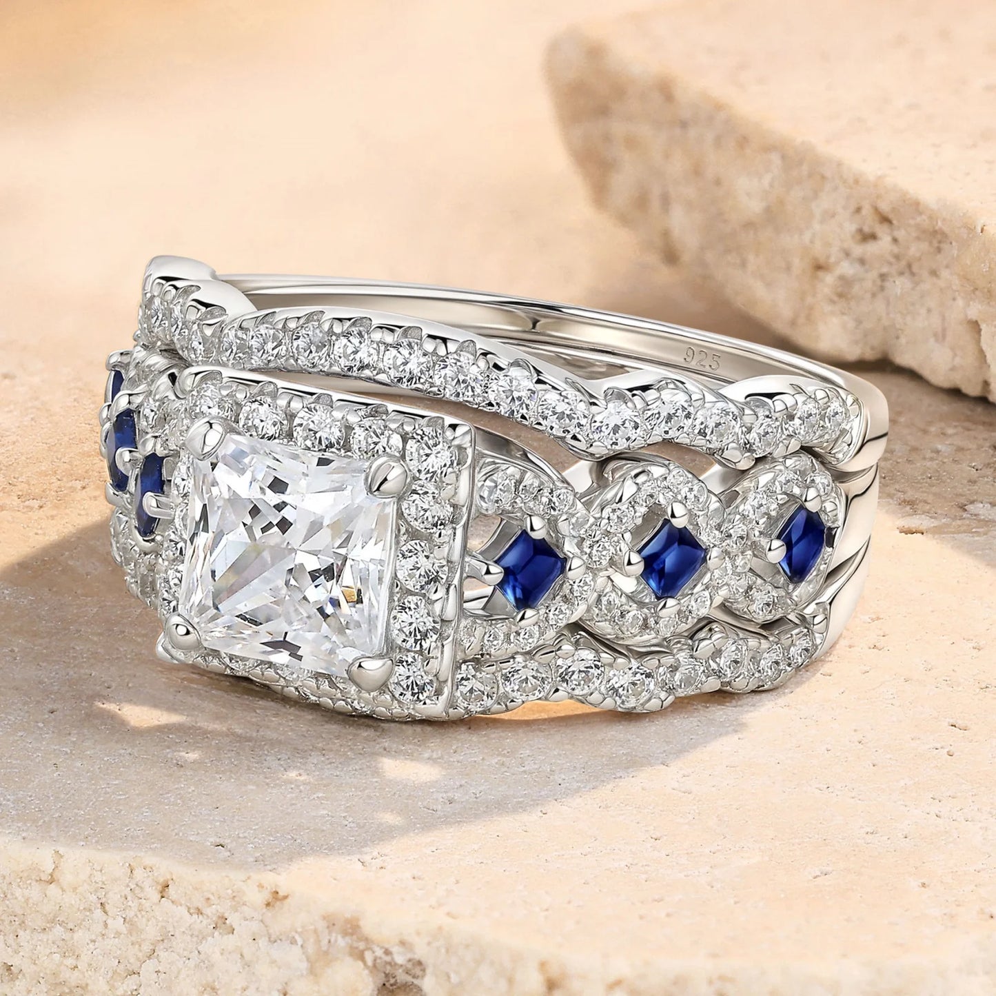 Newshe 3 Pcs Solid 925 Sterling Silver Certified Moissanite Wedding Rings Set for Women 6.5mm Princess Cut Luxury Jewelry