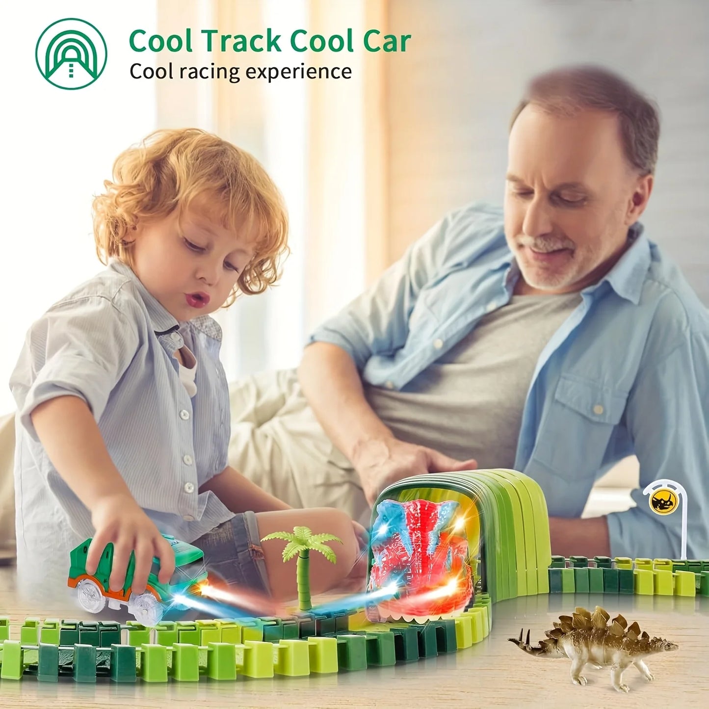 Special Offer: Children's Dinosaur World Track Cars, Toy Track Cars For Boys And Girls, Indoor Race Assembly Track Car Games, Pe