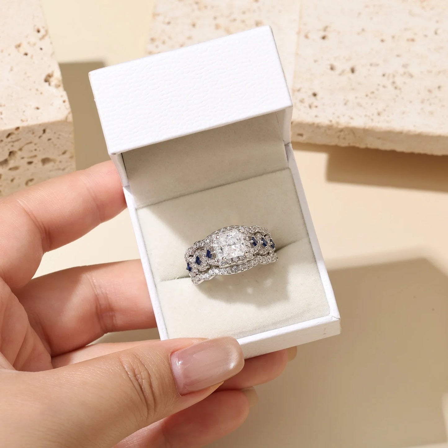 Newshe 3 Pcs Solid 925 Sterling Silver Certified Moissanite Wedding Rings Set for Women 6.5mm Princess Cut Luxury Jewelry