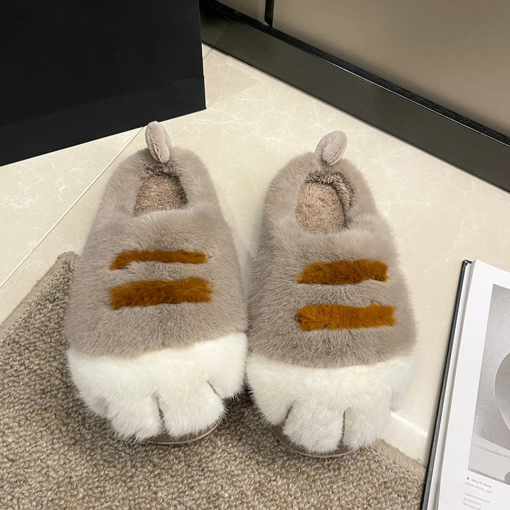 3D Cat Paw Slippers Women's Home Shoes Non Slip Furry Mules Female Fashion Warm Fluffy Slides Outdoor Cat Slippers for Autumn Wi