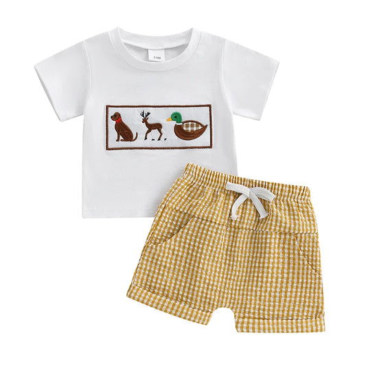 Boys Summer Outfit Set with Short Sleeve Animal Embroidery Top and Plaid Shorts O Neck Design for Comfort
