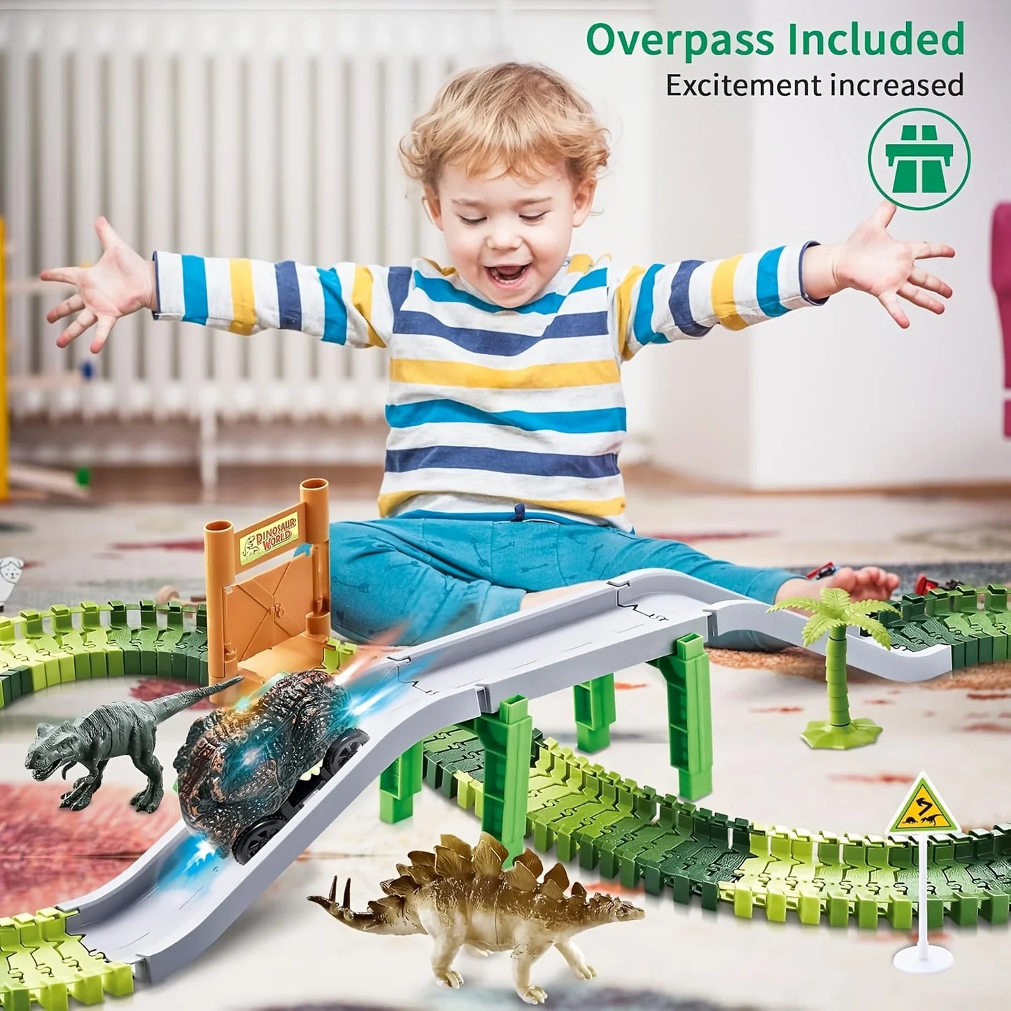 Special Offer: Children's Dinosaur World Track Cars, Toy Track Cars For Boys And Girls, Indoor Race Assembly Track Car Games, Pe