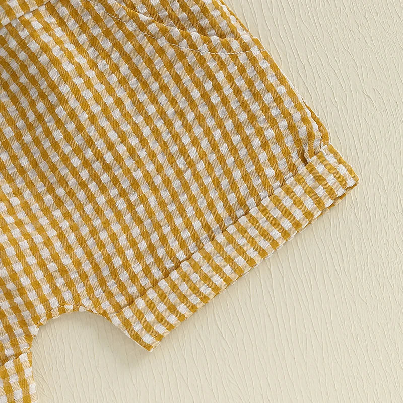 Boys Summer Outfit Set with Short Sleeve Animal Embroidery Top and Plaid Shorts O Neck Design for Comfort