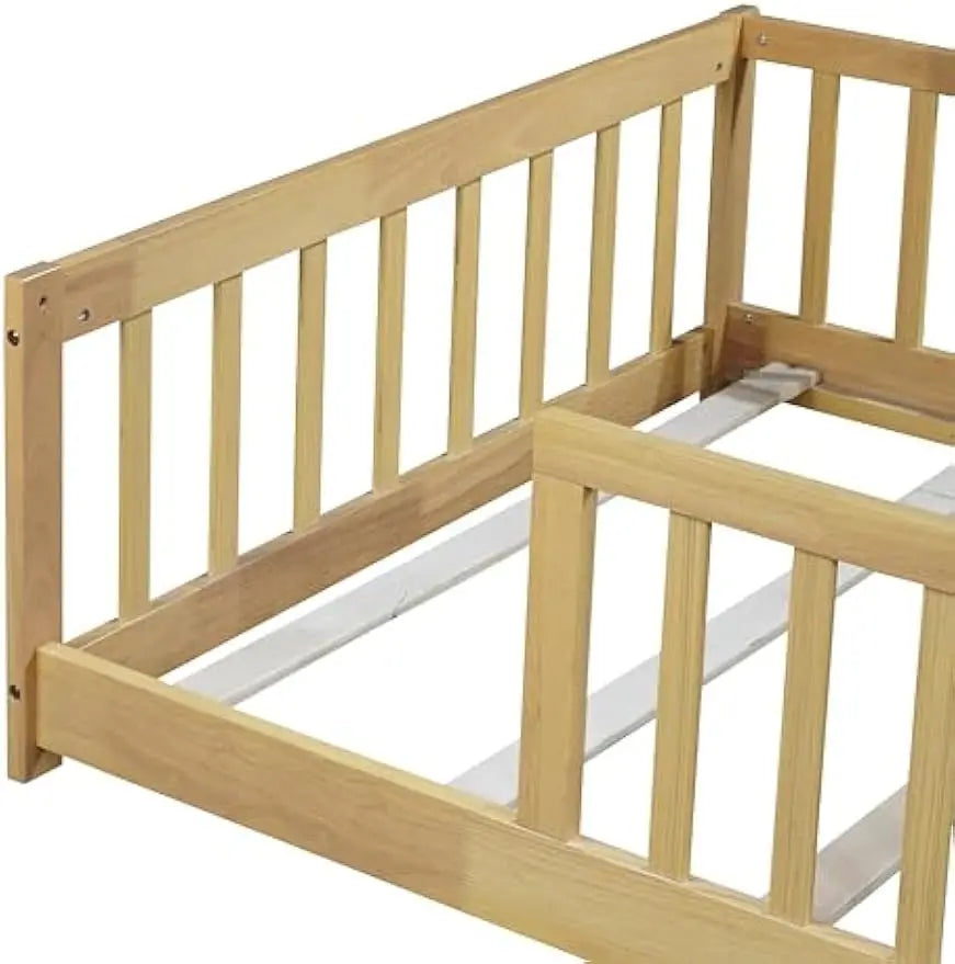 Twin Size Montessori Floor Bed for Kids with Safety Guardrails, Wood Slats, No Box Spring Needed