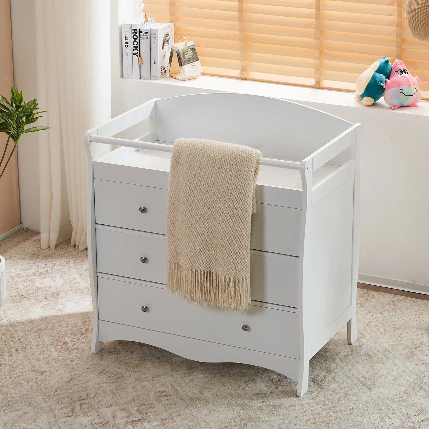 White three-drawer baby crib with safety rail, wooden baby crib with storage combination